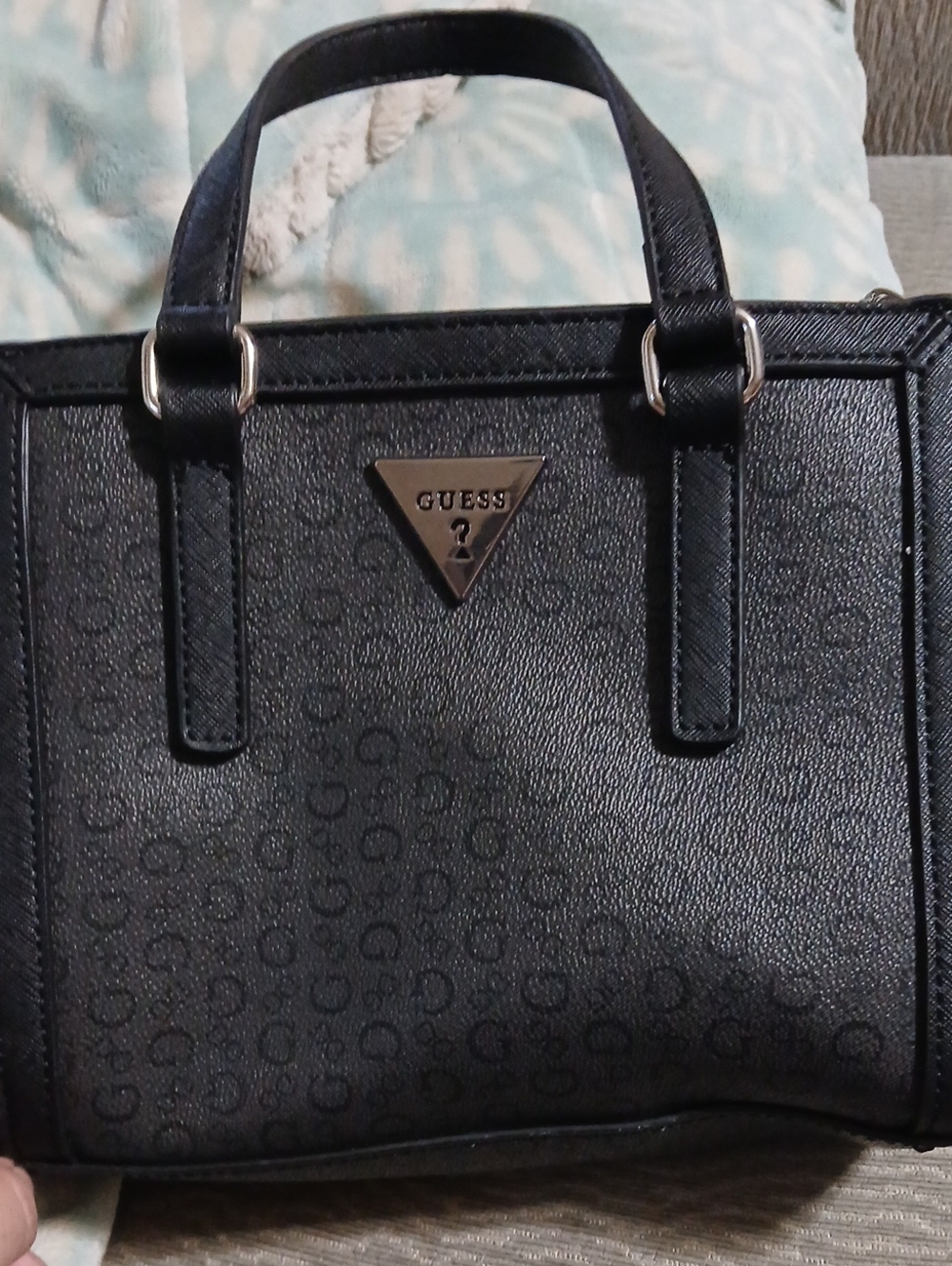 Guess Black Logo-Pattern Satchel with Silver Triangle Emblem